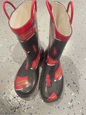 Kids Black & Red Fire Truck Rain Boots